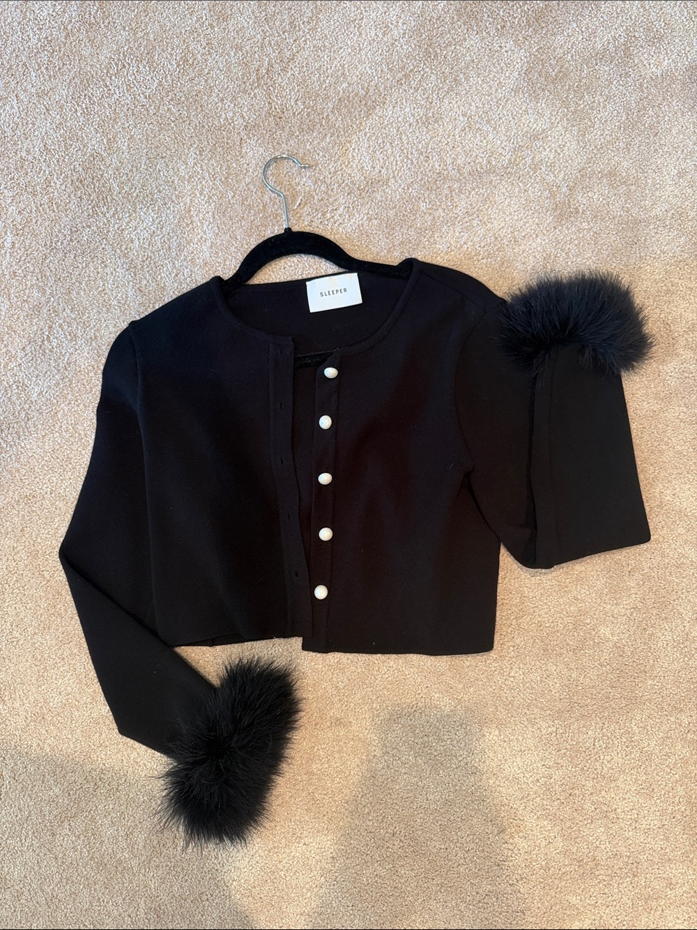 Sleeper Black Cropped Cardigan with Fur Cuffs
